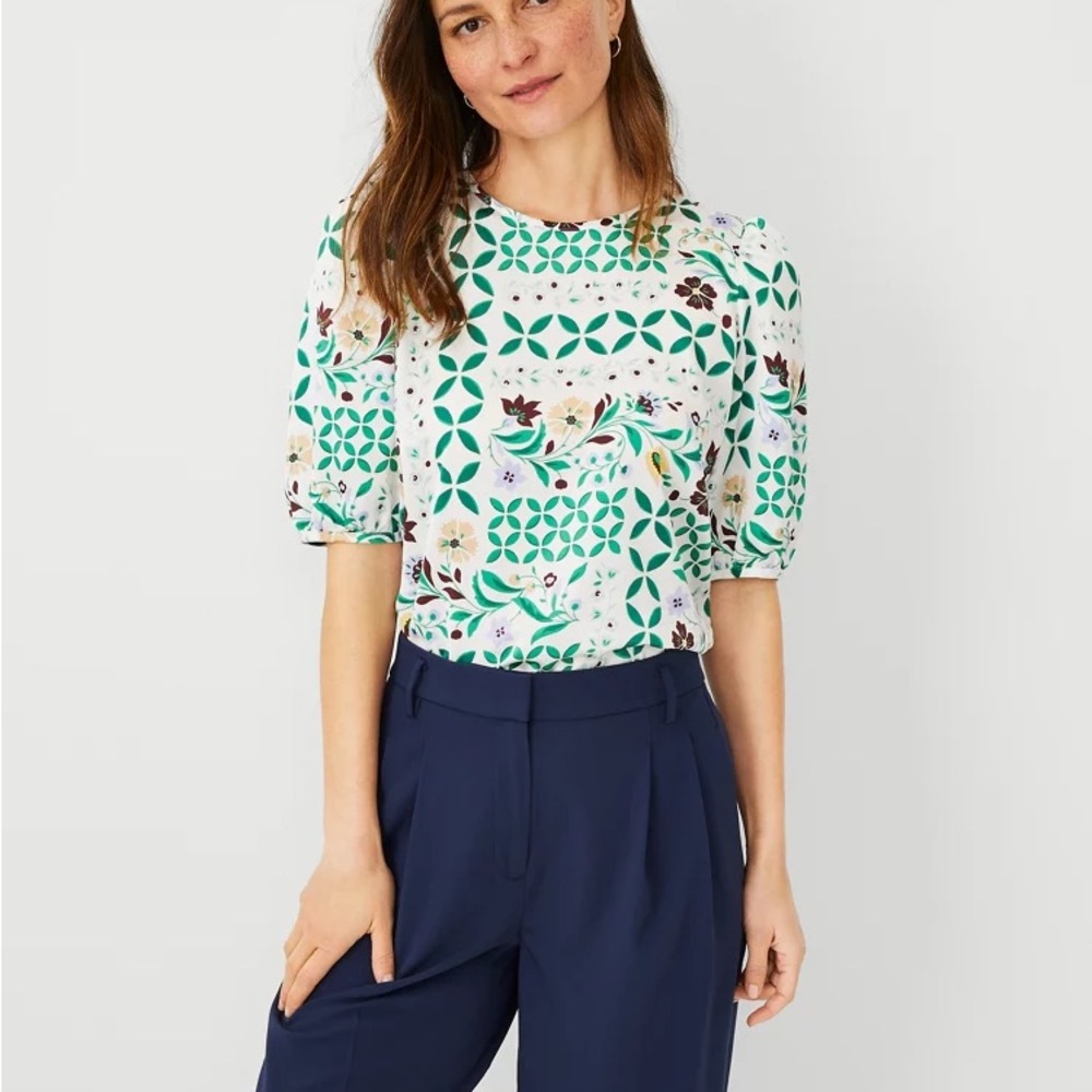 Ann Taylor Floral Maze Blouse - Green and White Shirt